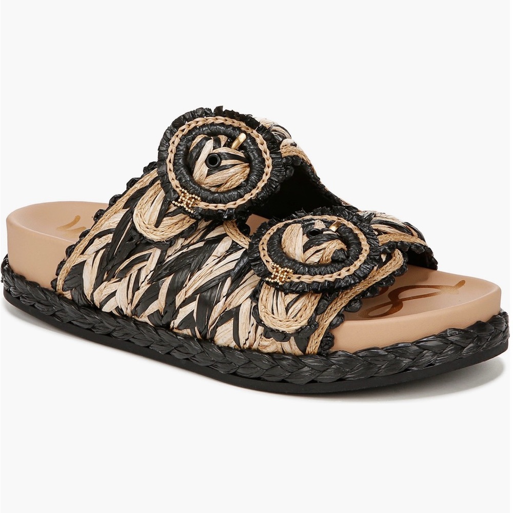 Sam Edelman Black and Tan Reina Woven Slide Sandals